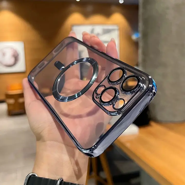 Funda de carga inalámbrica Magsafe transparente de lujo para iPhone 11 12 13 15 16 Pro Max 14 Plus X Xs XR cubierta magnética suave plateada - 1