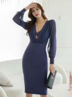 BGTEEVER-vestido ajustado con cuello en V para mujer, prenda elegante de manga larga con cintura ajustada, color liso, para otoño - details 9