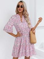 Vestido corto informal con estampado Floral para mujer, minivestido bohemio con manga de loto y cuello en V, color rosa - details 6