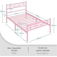 Cama Individual con Espacio Bajo Marco Metal Altura 32 cm Cama Individual con Cabecera para Colchón de 90 x 190 cm Blanco - details 92