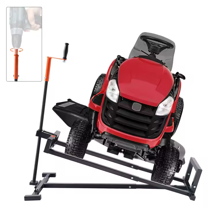 SucceBuy Ride on Lawn Mower Lift Jack, capacidad de 880 libras. Diseño telescópico con manivela y mangos para herramientas eléctricas. Plegable para cortacésped y tractores de jardín. Gato de mantenimiento negro y resistente - 1