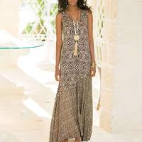Vestido femenino informal de playa holgado con dobladillo ancho y cuello en V sin mangas estilo bohemio Vintage con estampado geométrico para mujer - details 8
