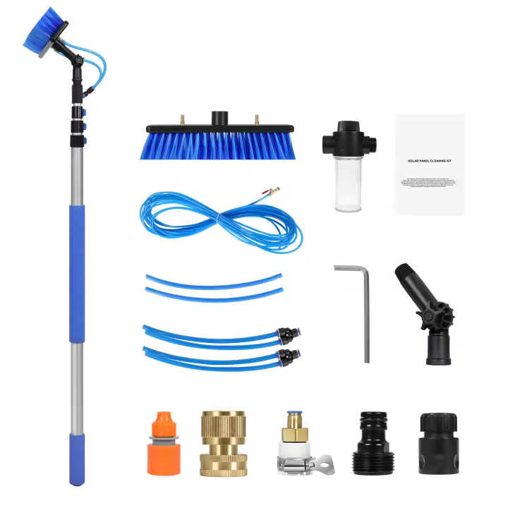 SucceBuy Kit de poste alimentado por agua, extensible de 3,6 m para limpieza de paneles solares y ventanas, 180 °   Cepillo giratorio, manguera de 20 m, herramienta completa de limpieza para exteriores - 1