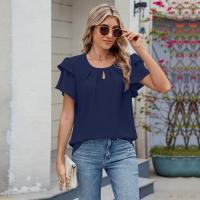 Tops elegantes de Color sólido para mujer, blusa holgada de manga corta, nueva camisa de gasa con cuello redondo para mujer - details 19
