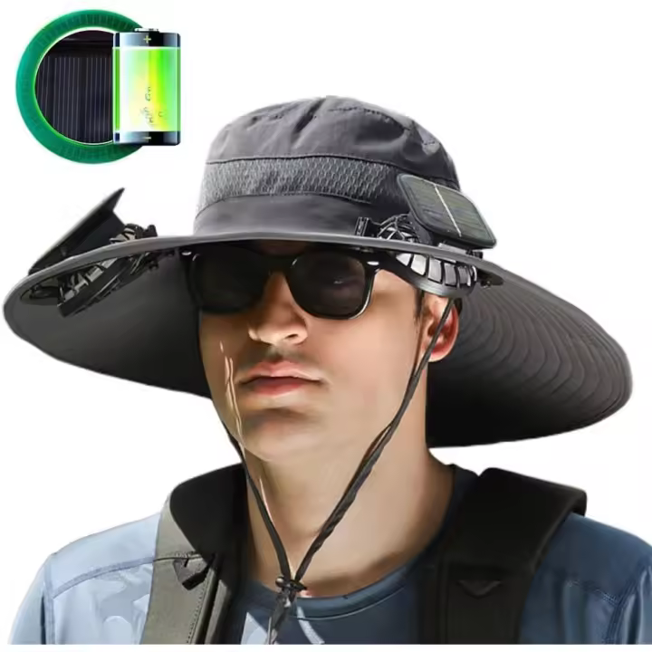 Sombrero de ala ancha para exteriores con ventilador solar, sombrero de pesca ajustable con ventilador solar (2025), con carga solar y USB - 1