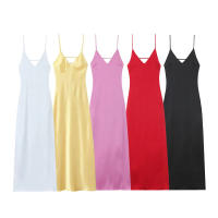 TRAFZA 2025, vestido elegante ajustado para fiesta en la playa, vestido de verano para mujer, Sexy, sin mangas, con espalda descubierta, cuello en V, cremallera trasera, vestido Midi liso - details 1