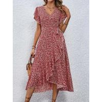 Vestido de talla grande 1XL-5XL con cuello en V y estampado floral para mujer, vestido elegante informal transpirable de verano, vestido largo de playa de estilo sofisticado - details 4