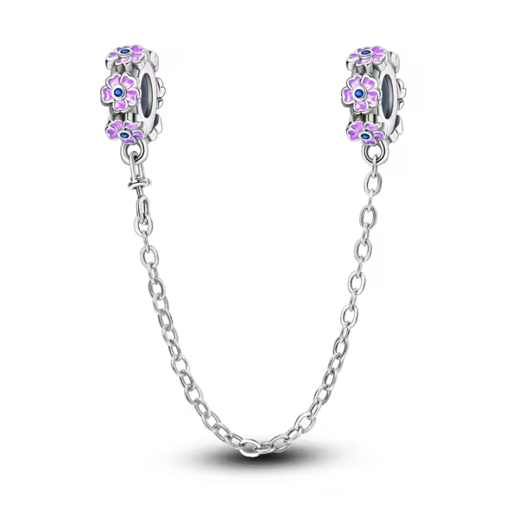 Colgante de Pulsera de Plata Esterlina 925 Cadena de Seguridad de Flor Azul Púrpura - 1