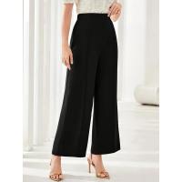 Pantalones de vestir coreanos elásticos cómodos y elegantes de cintura alta anchos de pierna recta marrón para mujer - details 7
