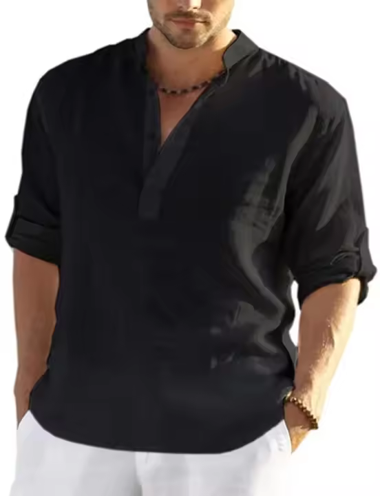 Camisa de lino para hombre, holgada, manga larga, color sólido, ajuste regular, transpirable, informal, talla grande - 1