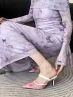 Nuevos tacones altos puntiagudos, hilo de malla para mujer, una palabra con boca ligera, cabeza de bolso estilo hada de moda, medias zapatillas. - details 12