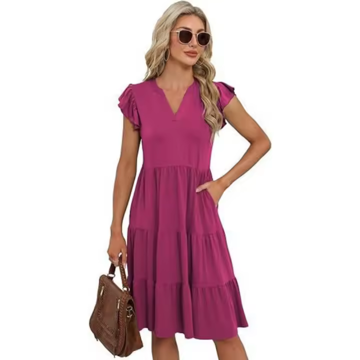 Vestido midi con cuello en V, manga de volantes de loto, empalme y bolsillo tipo péndulo para mujer 2025 - 1