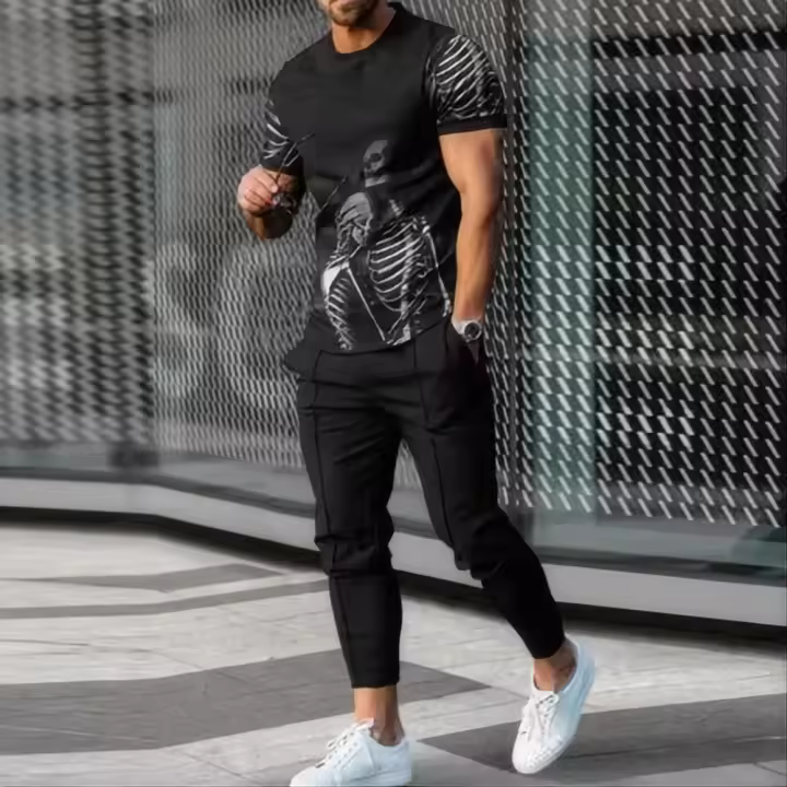 Conjunto Casual de Verano para Hombres Camiseta de Jugando con Estampado 3D y Pantalón - 1