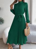 Vestido plisado elegante con cuello levantado y manga larga y cintura cerrada para mujer, vestido largo de Otoño Invierno - details 30