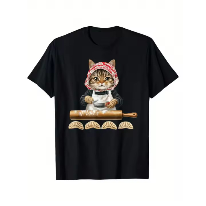 [Camiseta de Gato Lindo], 1 pieza unisex casual cuello redondo manga corta, comodidad para todas las estaciones, perfecta para amantes de la comida, regalo de Acción de Gracias y Navidad, tallas S-XXXL - 1