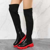 Botas de cuero por encima de la rodilla para mujer, zapatos de tacón grueso de punto rojo, terciopelo cálido, punta redonda, transpirables, talla grande, invierno, 2023 - details 8