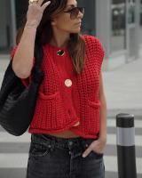 Abrigo de cintura roja Vintage para mujer, chaleco con Bolsillo grande, cárdigan de punto sin mangas, suéter suelto informal - details 5