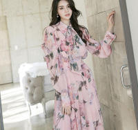 BGTEEVER-vestido de gasa con estampado Floral para mujer, traje elegante de manga larga con cuello de lazo, cintura ajustada, primavera y otoño - details 6