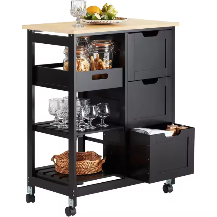 Carro de Almacenamiento Mueble Auxiliar Cocina Carrito de Servir con 3 Cajones 2 Estantes y 1 Bandeja Extraíble Negro - 1
