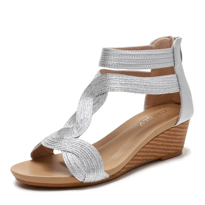 Sandalias de cuña de verano, talla grande, zapatos de mujer adelgazantes con cremallera trasera, zapatos romanos - 1