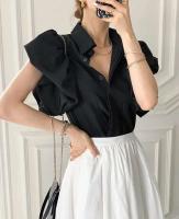 Camisa negra casual para mujer, blusa de manga corta única, estilo palaciego, tops con botones, blusa de verano - details 2