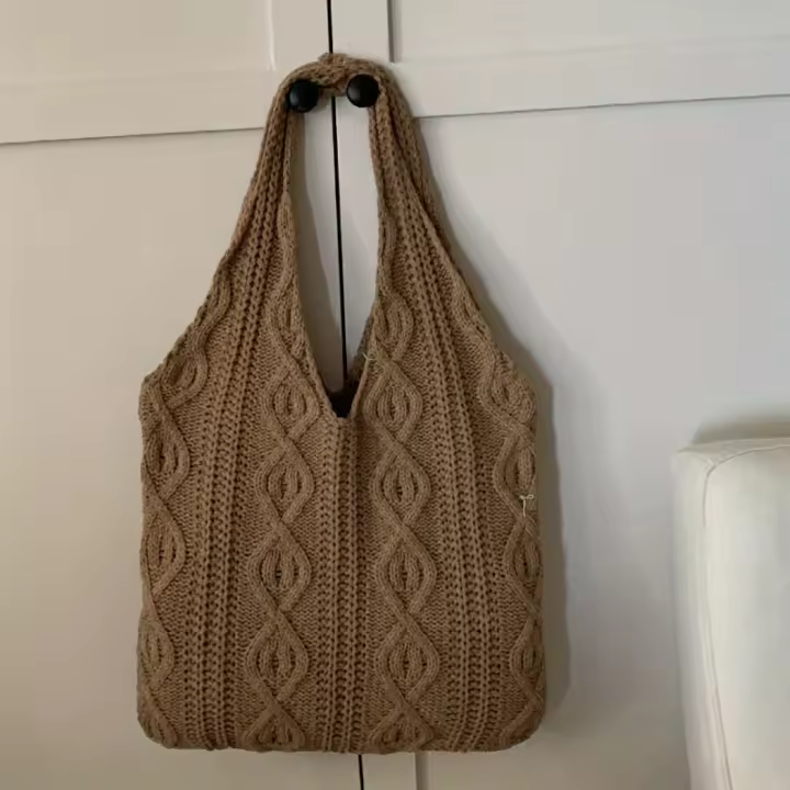 Bolso de punto vintage - Bolso de hombro retro de gran capacidad para mujer, bolso informal beige con diseño de punto trenzado, perfecto para ir de compras y para uso diario, bolso de hombro informal |   Bolso de estilo retro - 1