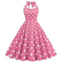 estilo impreso años 50 lunares cuello colgante, vestido pequeño de longitud media, vestido - details 2