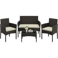 4 Piezas, 1 Sofá 2 Sillones con Cojines y 1 Mesa con Vidrio para Patio/Terraza/Balcón (Marrón/Beige) - details 0