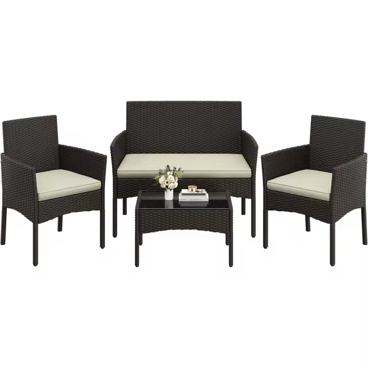 4 Piezas, 1 Sofá 2 Sillones con Cojines y 1 Mesa con Vidrio para Patio/Terraza/Balcón (Marrón/Beige) - 1