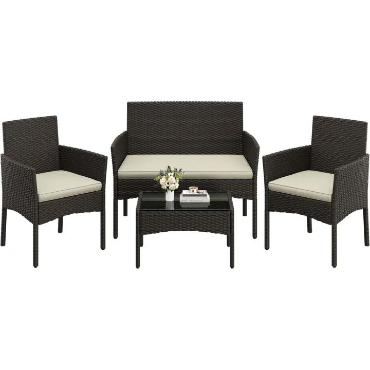 4 Piezas, 1 Sofá 2 Sillones con Cojines y 1 Mesa con Vidrio para Patio/Terraza/Balcón (Marrón/Beige) - 1