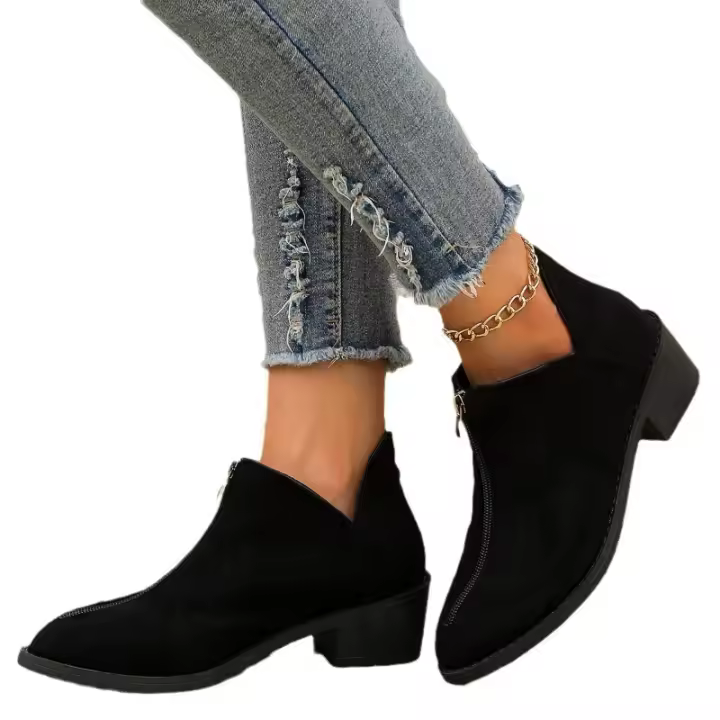 Botas Chelsea con estampado de leopardo estilo británico Color sólido punta puntiaguda Casual cremallera trasera zapatos de tacón bajo para mujer - 1