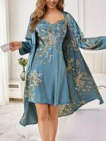 Conjunto de traje casual floral de satén de seda, bata con cinturilla, pijama, conjunto de ropa de dormir de dos piezas para todas las estaciones - details 20
