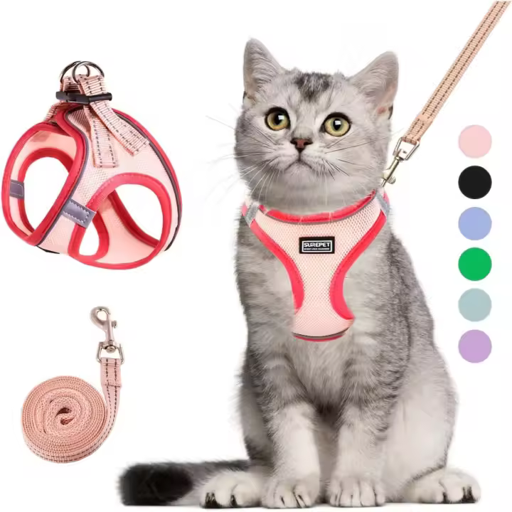 Conjunto de arnés y correa para gato, chaleco suave y transpirable con tira reflectante - 1
