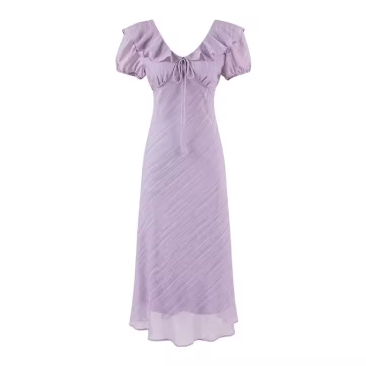 Vacaciones francesas con cuello en V, borde de volantes, vestido de manga corta con cintura y delgado, el vestido morado suave es versátil - 1