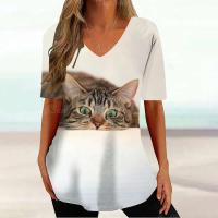 Camiseta Gráfica de Gato Kawaii Manga Corta, Estampado Haruku, Cuello en V, Ropa Suelta para Mujeres - details 23