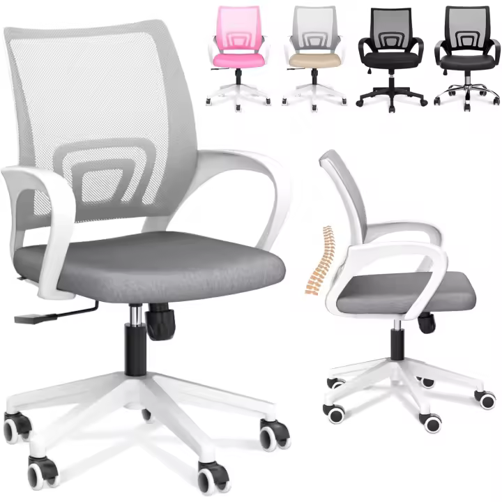 Silla de Escritorio Ergonómica Oficina con Soporte Lumbar, Estructura de Plástico, Transpirable, Ruedas Giratorias 360°, Soporta hasta 120kg - 1