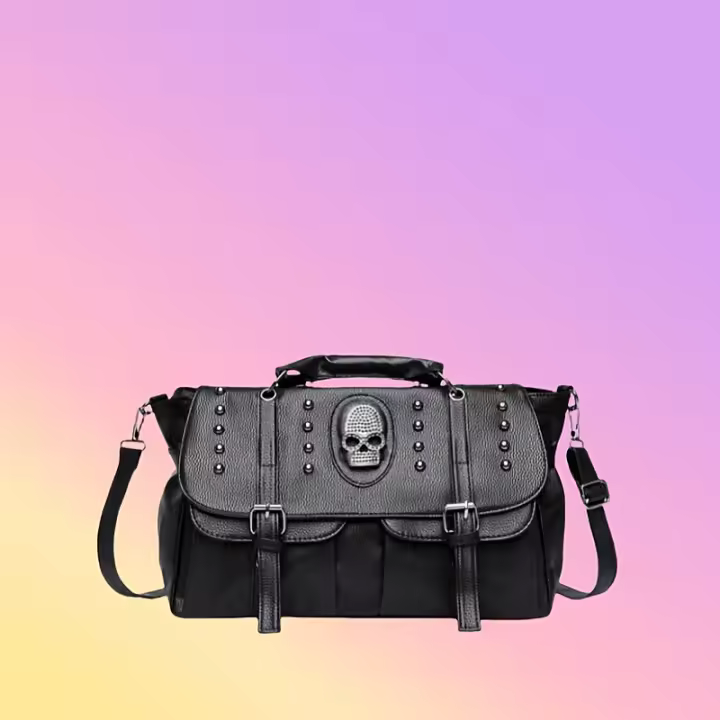 Bolso Gótico Punk de Hueso Bolso de Mano de Cuero Sintético Negro de Gran Capacidad con Correa Desmontable y Destacadores de Remache Perfecto para Halloween, Festivales de Música y Uso Diario - 1