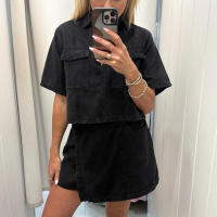 Ropa de trabajo Traje de mezclilla Falda Pantalones Top de manga corta Verano Mujer Chica caliente Cintura alta Irregular - details 19