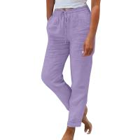 Pantalones holgados de nueve puntos de pierna ancha de algodón y lino de Color sólido con cintura elástica de verano para mujer - details 3