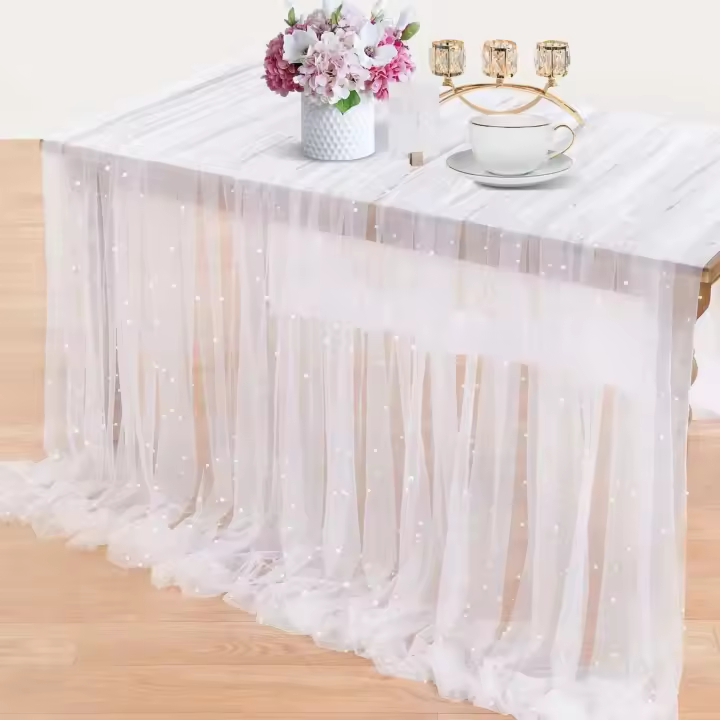 Mantel de perlas blancas, camino, decoración de gasa, velo de novia, mantel de postre Ense - 1