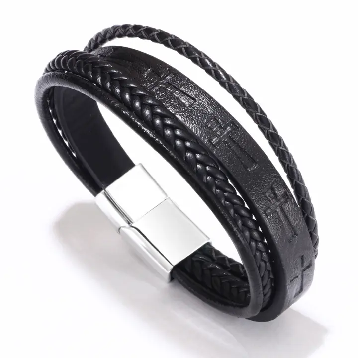 Brazalete de cuero tejido a mano con cruz, pulsera de aleación magnética para hombre - 1