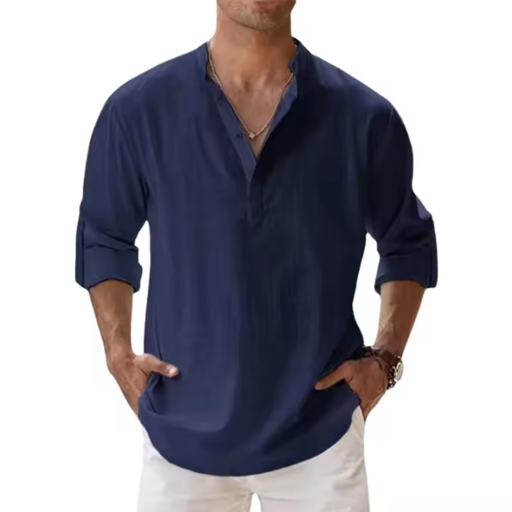 Nuevas camisas de lino y algodón para hombres, camisas casuales, camisas ligeras de manga larga Beach, camisetas hawaianas para hombres. - 1