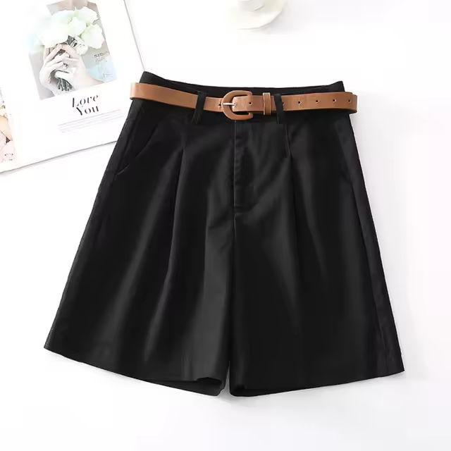 Pantalones cortos de cintura ancha para mujer de oficina TRE elegantes de algodón puro coreano - 1