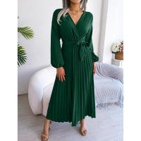Vestido largo plisado con dobladillo grande para mujer, vestido cruzado de Color liso con cuello en V, moda de primavera y verano - details 13
