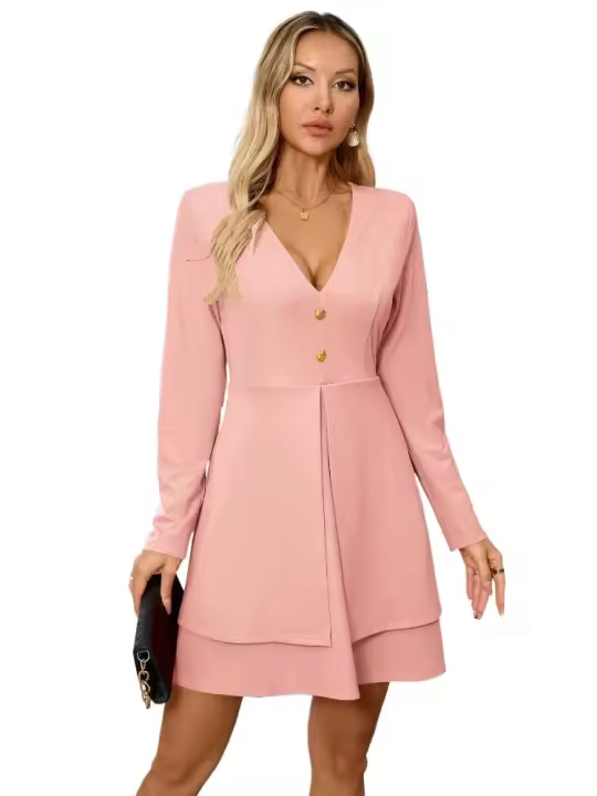 Vestido corto de manga larga con cuello en V para mujer, minivestido informal barato, trajes de una pieza, estética elegante y bonita - 1
