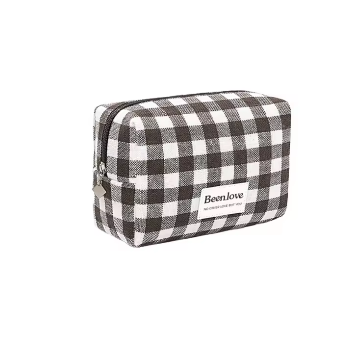 Bolsa de cosméticos a cuadros con entramado de moda, bolsa de viaje con cremallera de gran capacidad, bolsa de maquillaje impermeable de poliéster para el hogar - 1