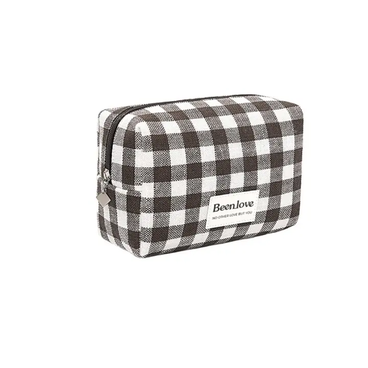 Bolsa de cosméticos a cuadros con entramado de moda, bolsa de viaje con cremallera de gran capacidad, bolsa de maquillaje impermeable de poliéster para el hogar - 1