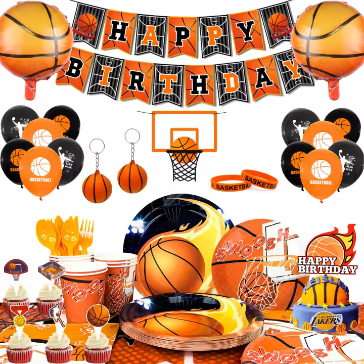 Decoraciones de Fiesta de Baloncesto para Cumpleaños Juego de 160 Piezas con Globos, Bandera, Manteles, Platos, Tazas, Servilletas - 1