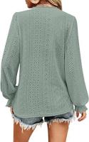 Camiseta con cuello en V para mujer Camisa superior de manga plisada informal hueca de otoño - details 16