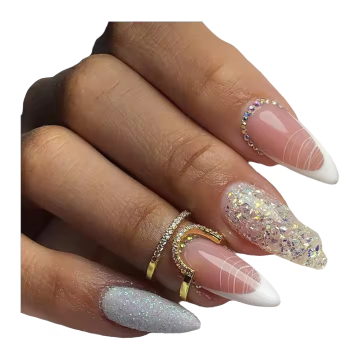 24 piezas de uñas postizas Francesas con Punta de Almendra, Uñas postizas medianas con Línea - 1